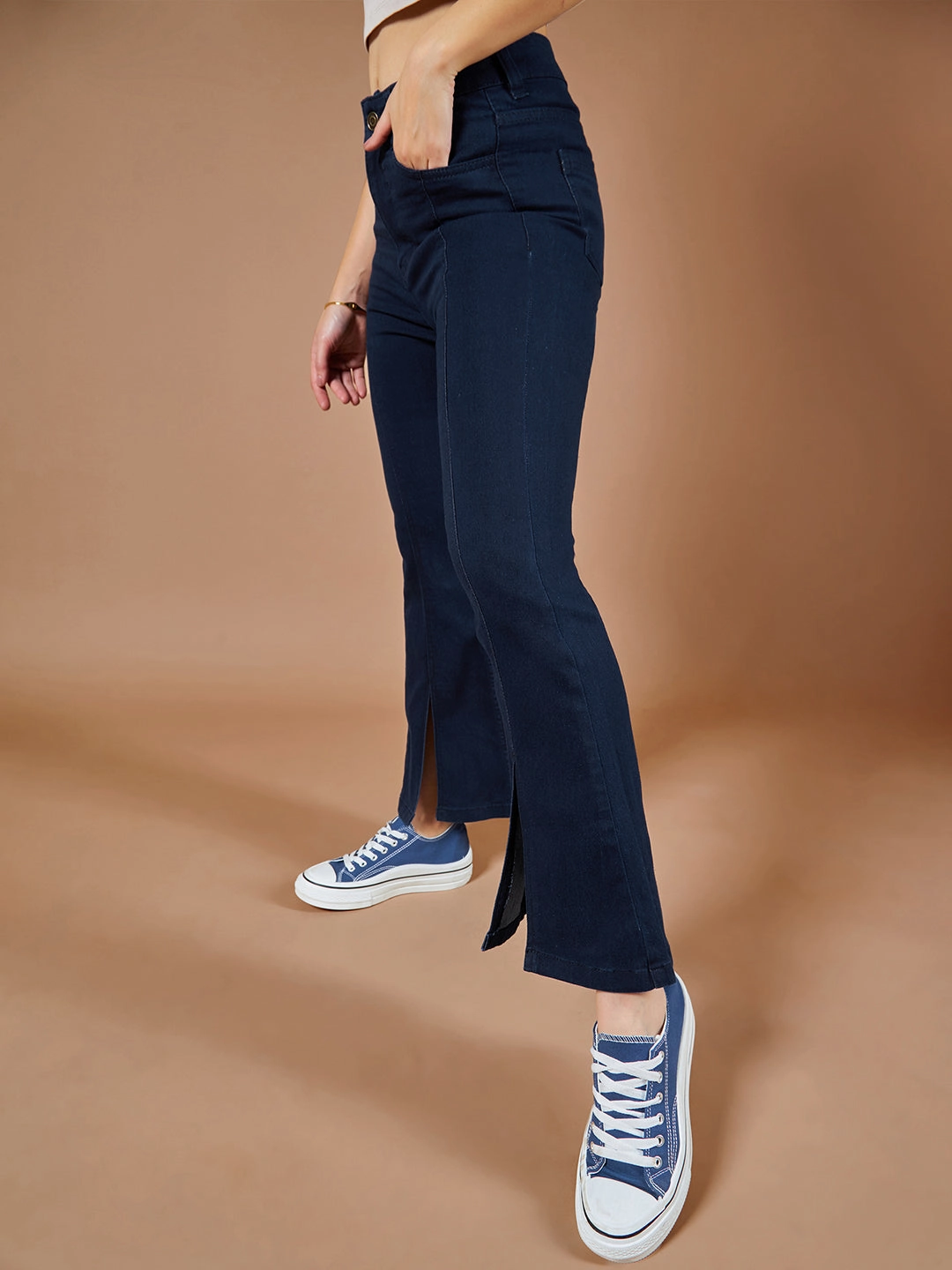 Weekend Vibes Distressed Detailing 24/7 Comfort Navy-Blue Bell-Bottom Bootcut High-Rise Stretchable Slit Denim Jeans