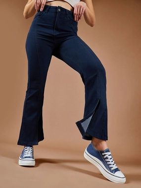 24/7 Comfort Navy-Blue Bell-Bottom Bootcut High-Rise Stretchable Slit Denim Jeans Everyday Motion