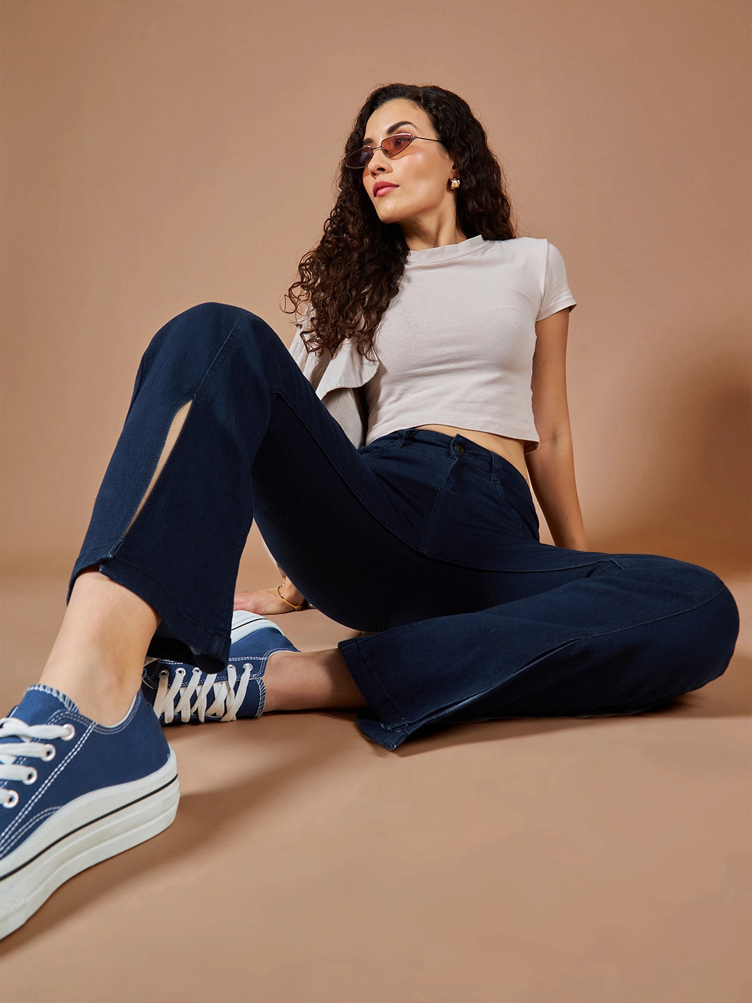 Picnic Style Textured 24/7 Comfort Navy-Blue Bell-Bottom Bootcut High-Rise Stretchable Slit Denim Jeans