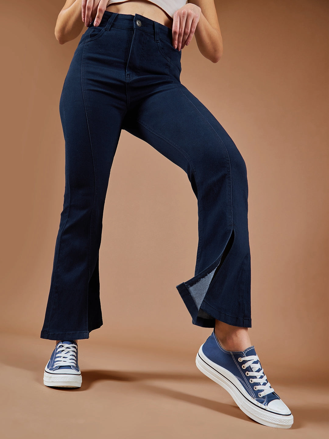 24/7 Comfort Navy-Blue Bell-Bottom Bootcut High-Rise Stretchable Slit Denim Jeans Everyday Motion
