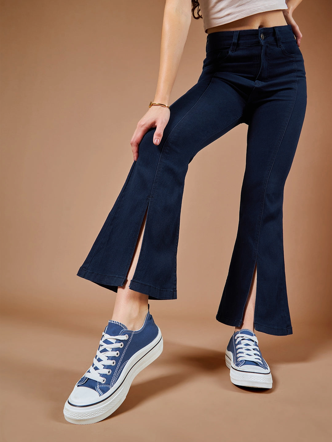 24/7 Comfort Navy-Blue Bell-Bottom Bootcut High-Rise Stretchable Slit Denim Jeans Go To Piece Flexible Waist