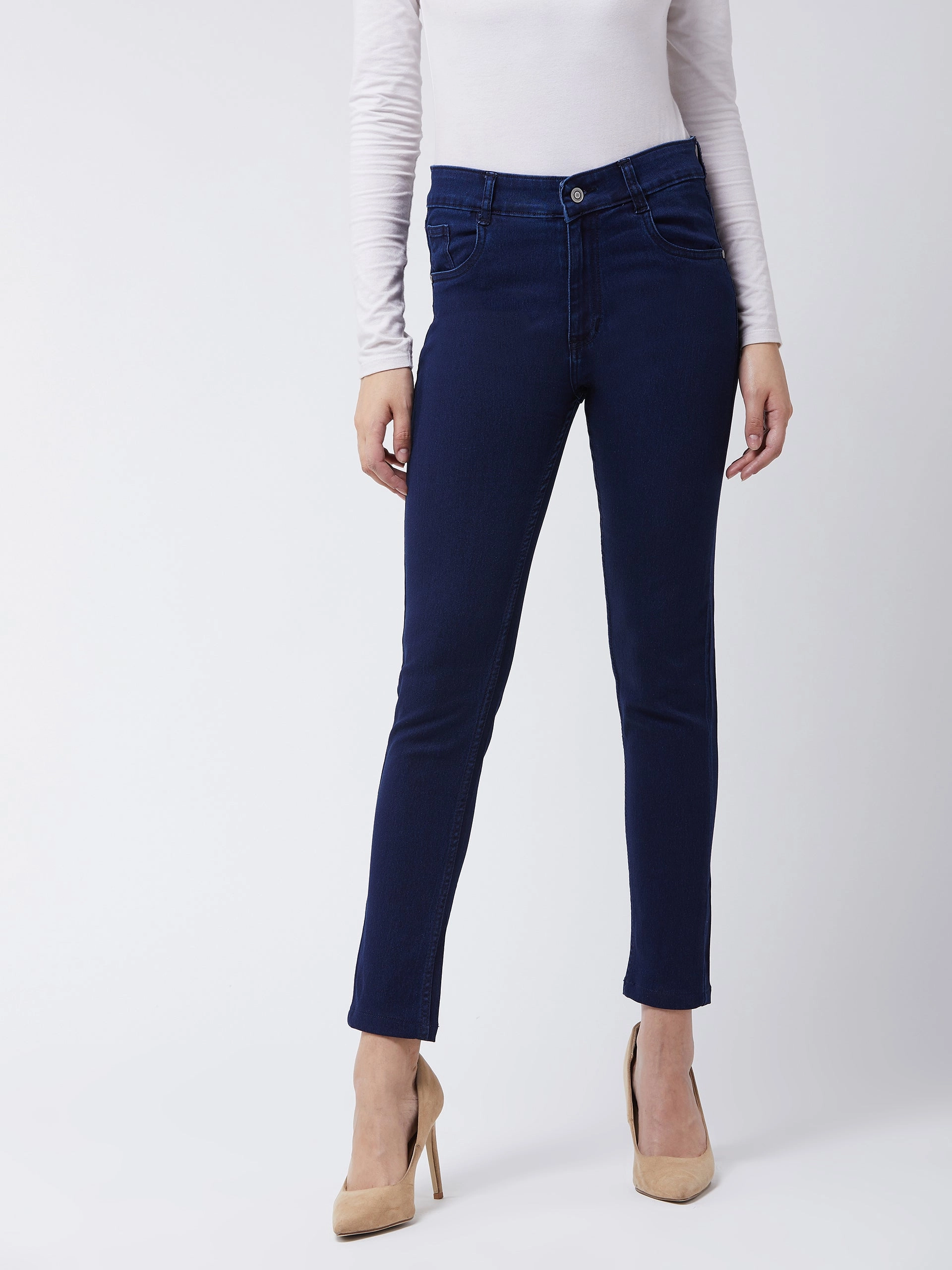 24/7 Comfort Navy-Blue Skinny-Fit Mid-Rise Cropped-Length Stretchable Denim Jeans Functional Waist