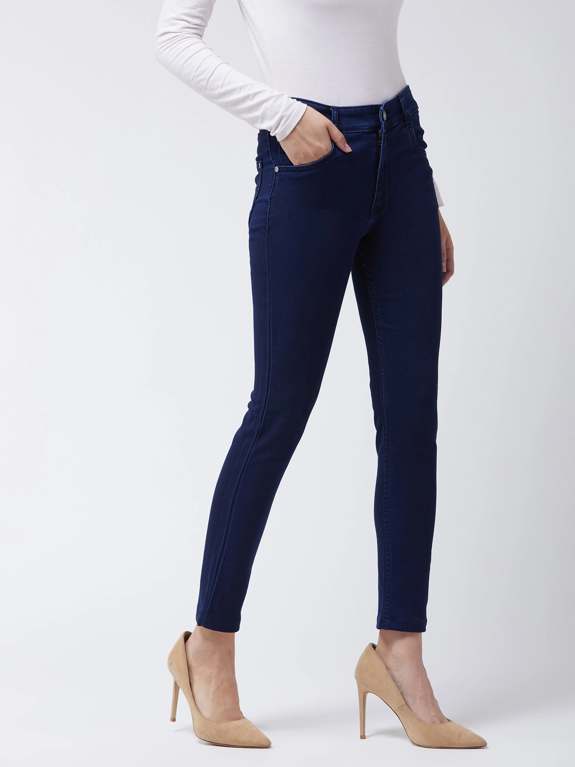 24/7 Comfort Navy-Blue Skinny-Fit Mid-Rise Cropped-Length Stretchable Denim Jeans Sleek Waist Design Brunch Outfit Night Out