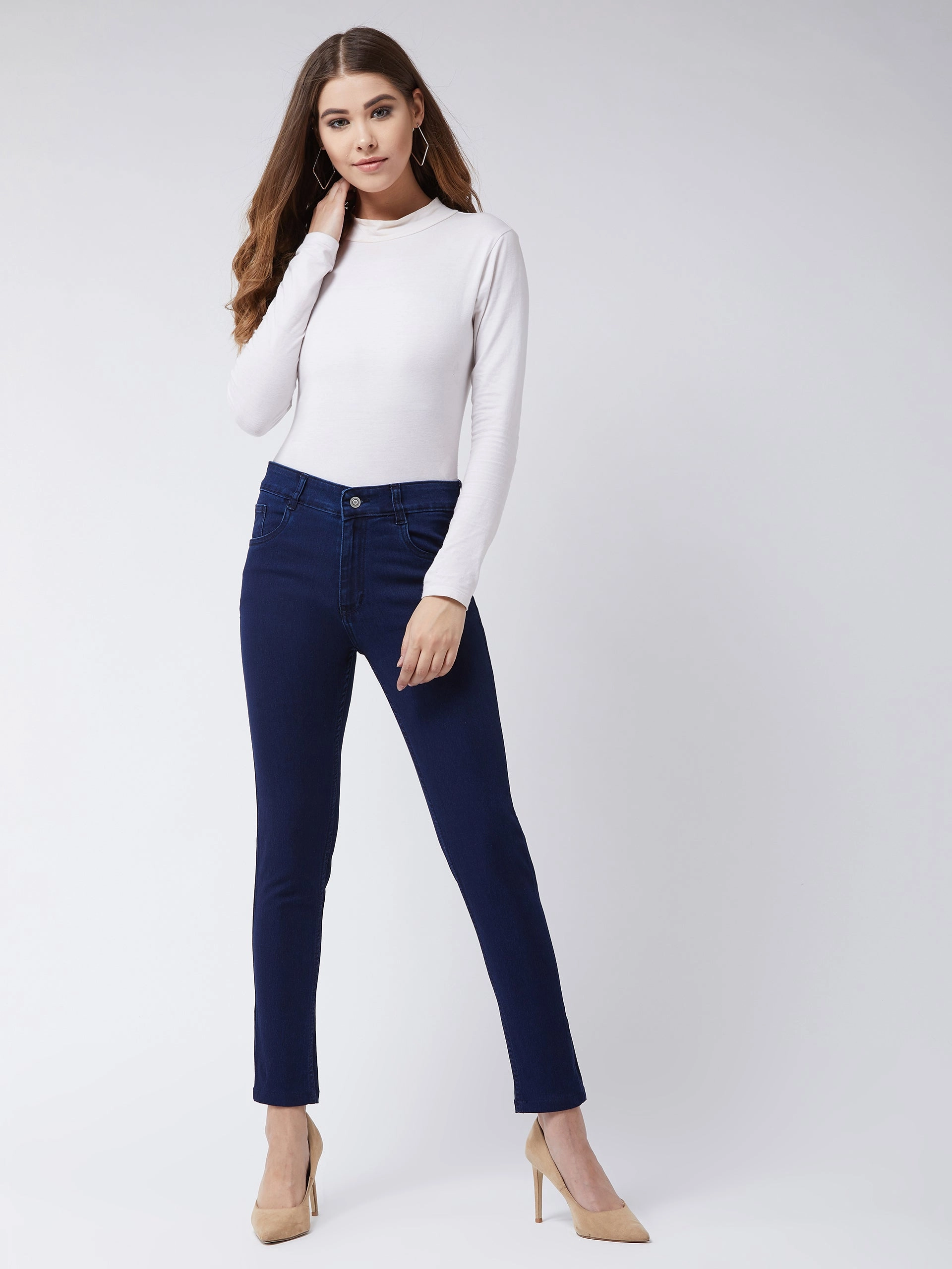24/7 Comfort Navy-Blue Skinny-Fit Mid-Rise Cropped-Length Stretchable Denim Jeans Casual Look