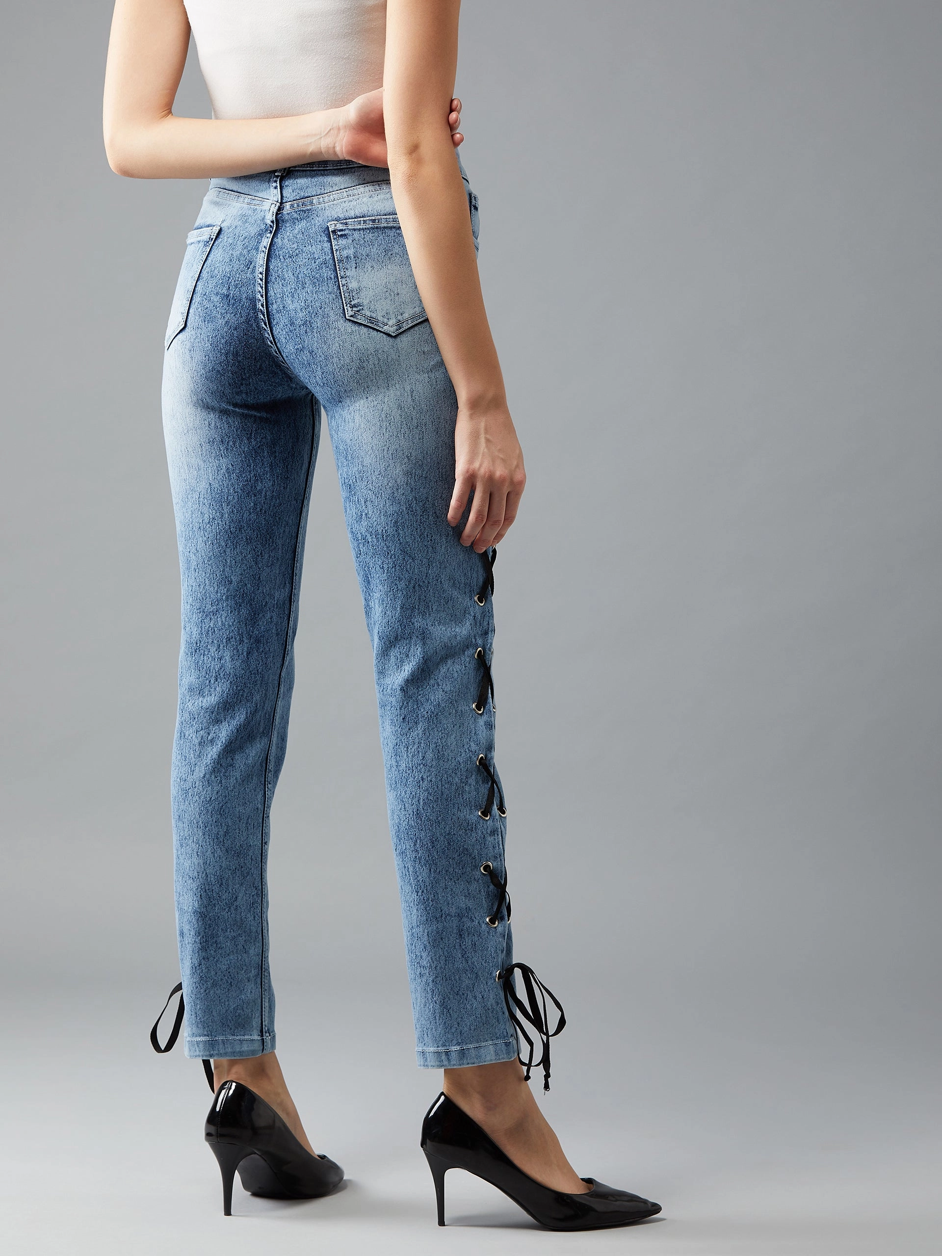 Base Comfort Women's Light Blue Slim-Fit High-Rise Twill tape and Eyelet detailing Stretchable Denim Jeans