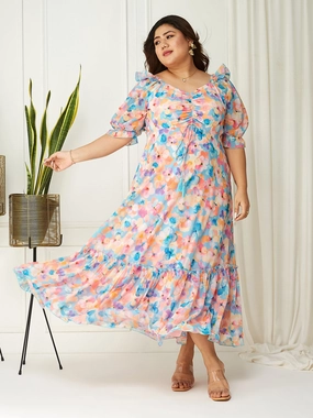 Body Bliss Multicolored-Base-Sky Blue Floral Ruching Ankle-Length Dress Light Weave Sleek And Stylish