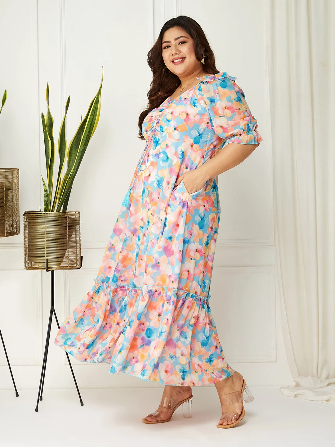 Body Bliss Multicolored-Base-Sky Blue Floral Ruching Ankle-Length Dress Elastic Fit