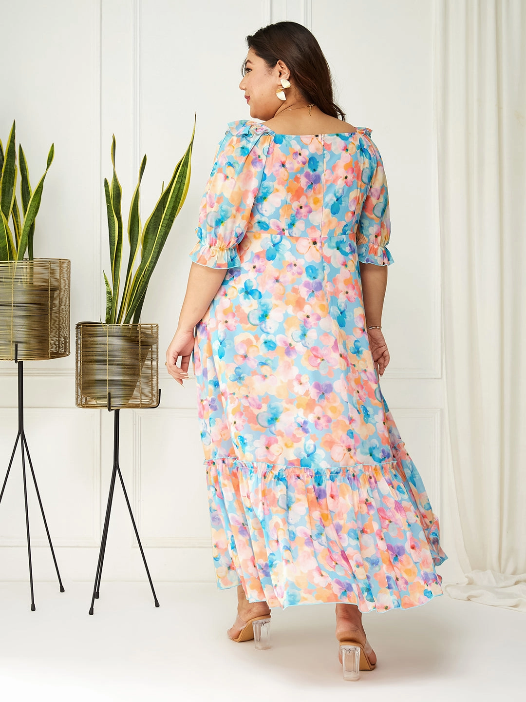 Body Bliss Multicolored-Base-Sky Blue Floral Ruching Ankle-Length Dress Brunch Tone Vibrant Edge