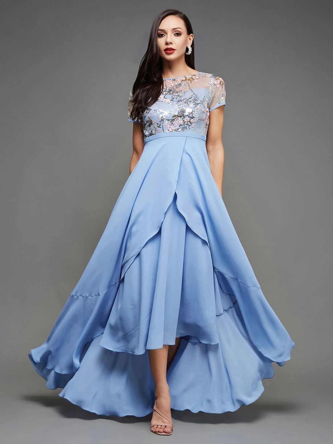 Flutter-Sleeve Relaxed Vibe Women's Multicolored-Base-Sky Blue Round Neck Short Sleeve Floral Layered Georgette Midi Dress