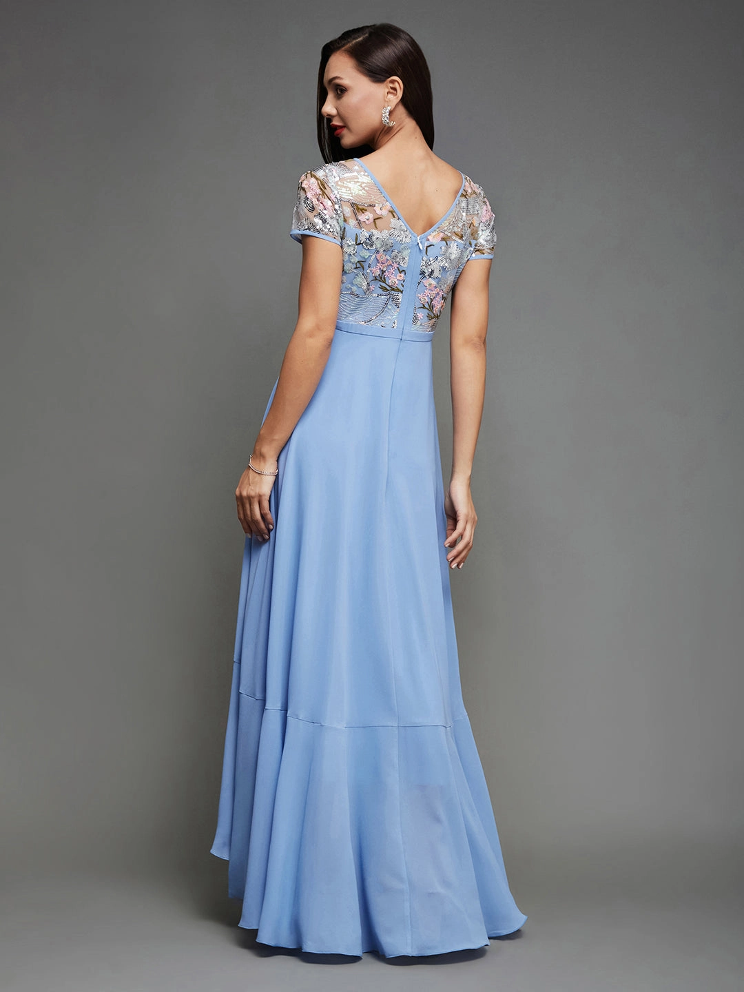 Women's Multicolored-Base-Sky Blue Round Neck Short Sleeve Floral Layered Georgette Midi Dress Garden Scene