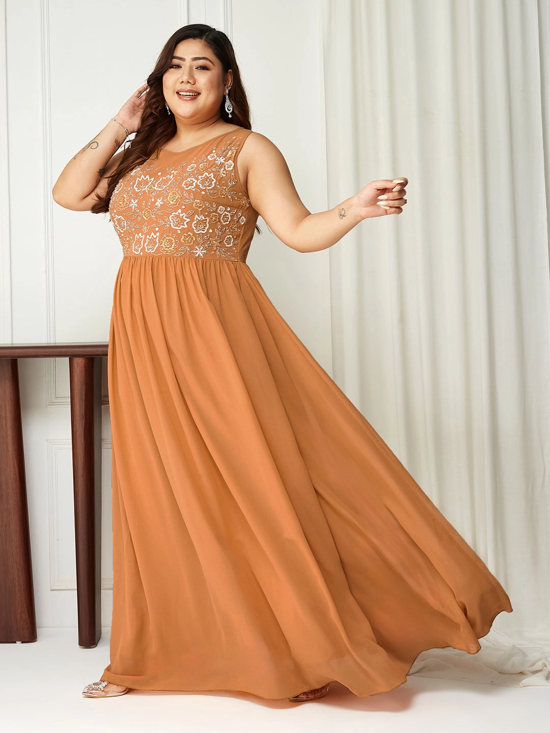 Body Bliss Orange Sequin Embroidered Georgette Maxi Dress Smooth Motion Flowing Texture