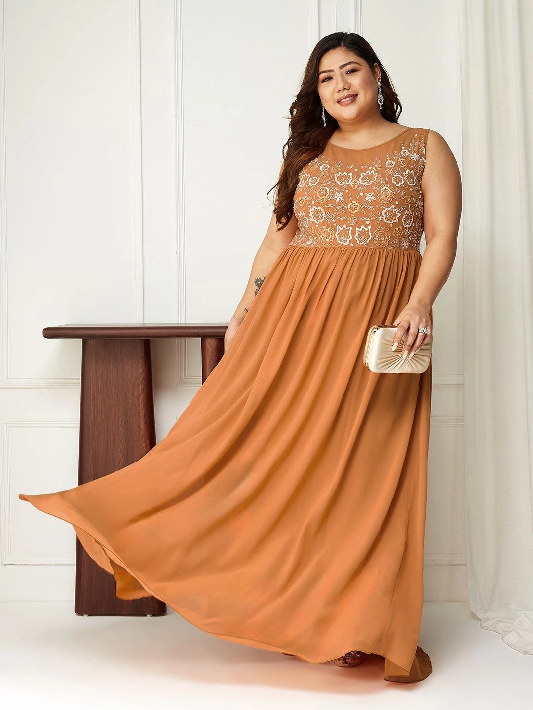 Body Bliss Orange Sequin Embroidered Georgette Maxi Dress Party Safe Fitted Shape