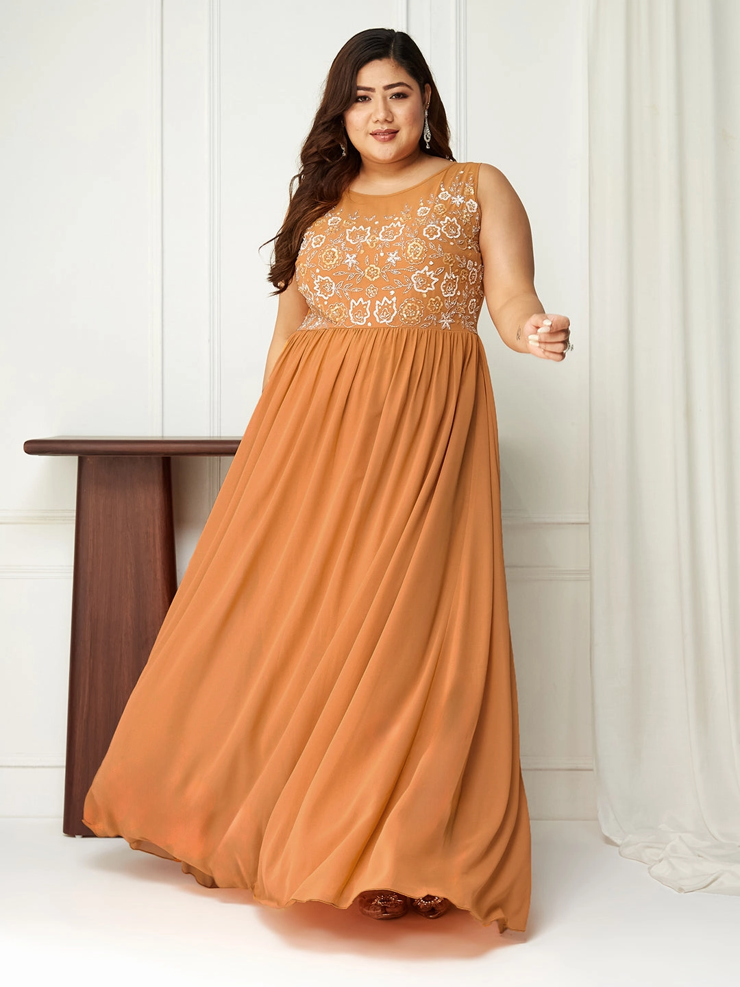 Body Bliss Orange Sequin Embroidered Georgette Maxi Dress Business casual
