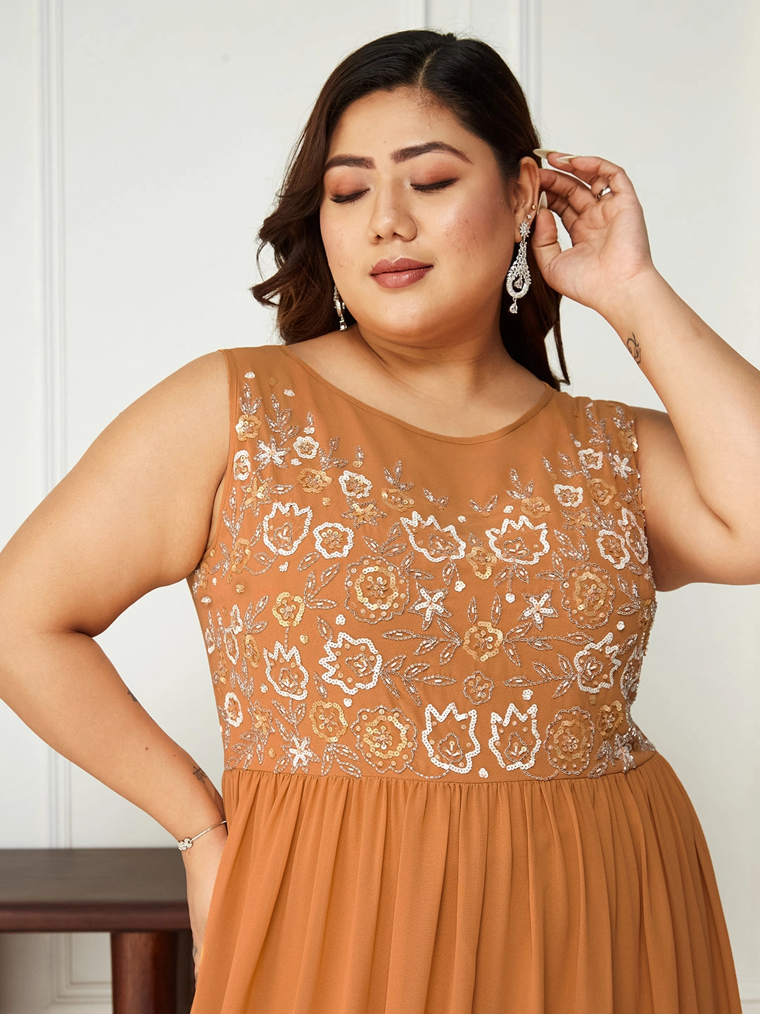 Body Bliss Orange Sequin Embroidered Georgette Maxi Dress Office Fit