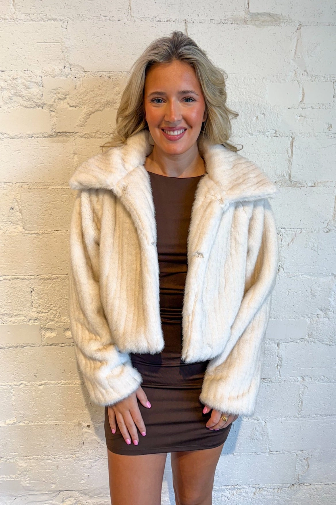 Fergie Faux Fur Coat Recycled Polyester Blend Magnetic Closures