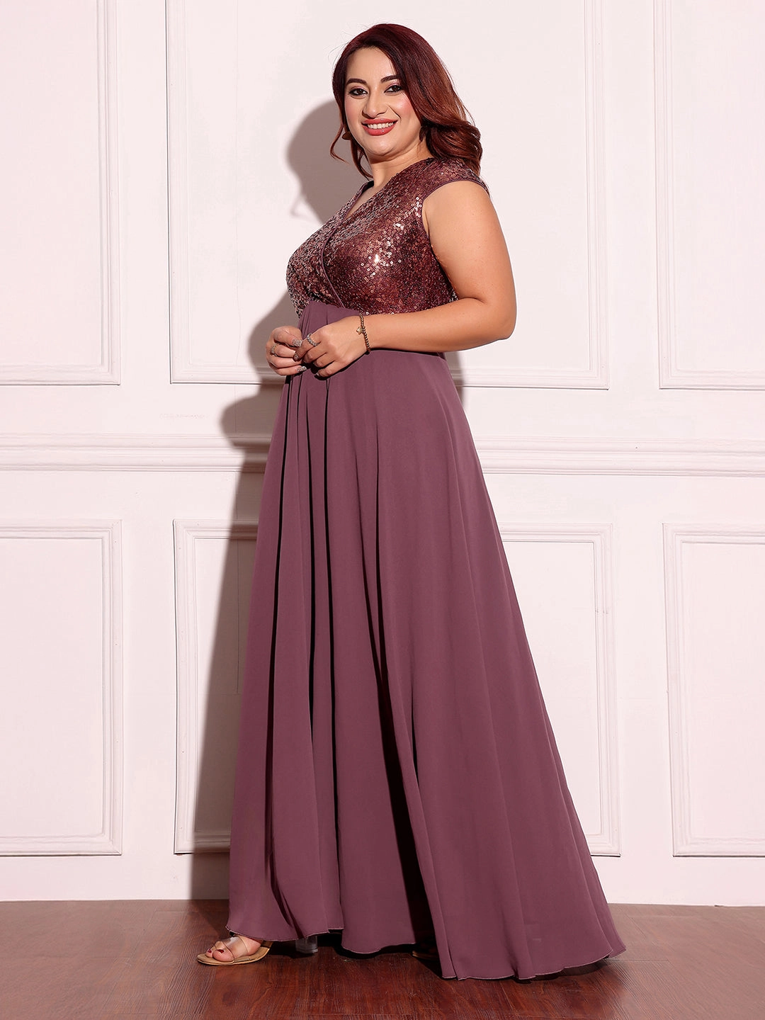 french chic Chic Waist Design Women's Mauve & Wine V-Neck Sleeveless Embellished Wrap Maxi Dress