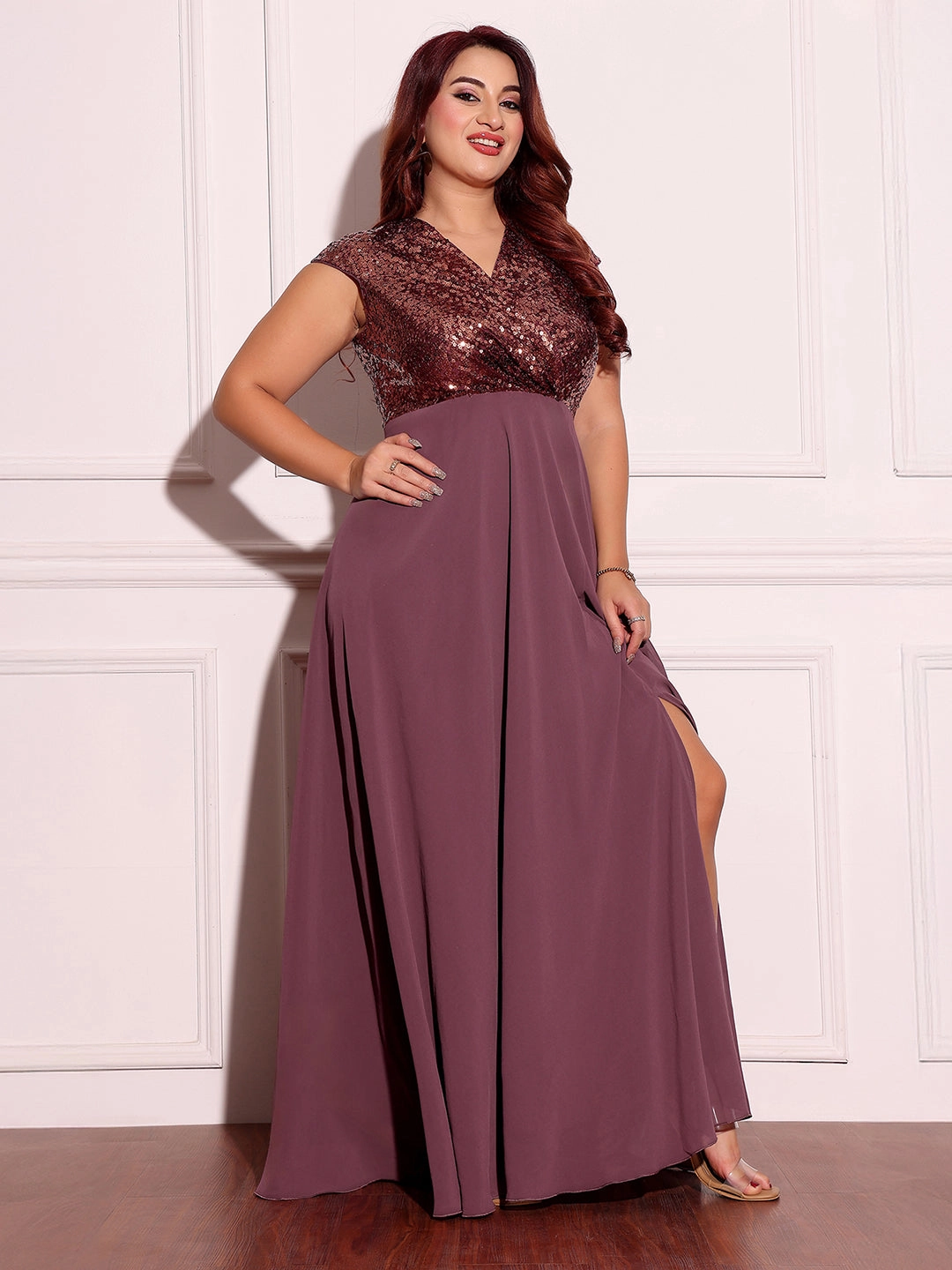 Button Chic Women's Mauve & Wine V-Neck Sleeveless Embellished Wrap Maxi Dress