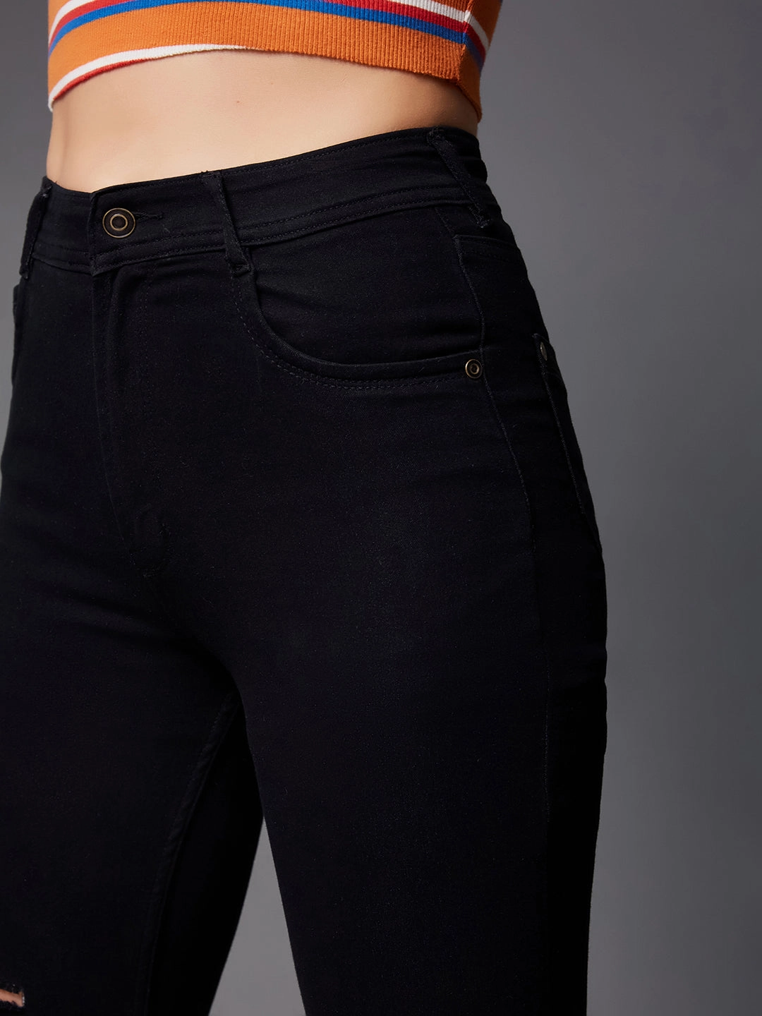 24/7 Comfort Black Slim-Fit High-Rise Distressed Ripped Stretchable Denim Jeans Outdoor Adventure Earthy