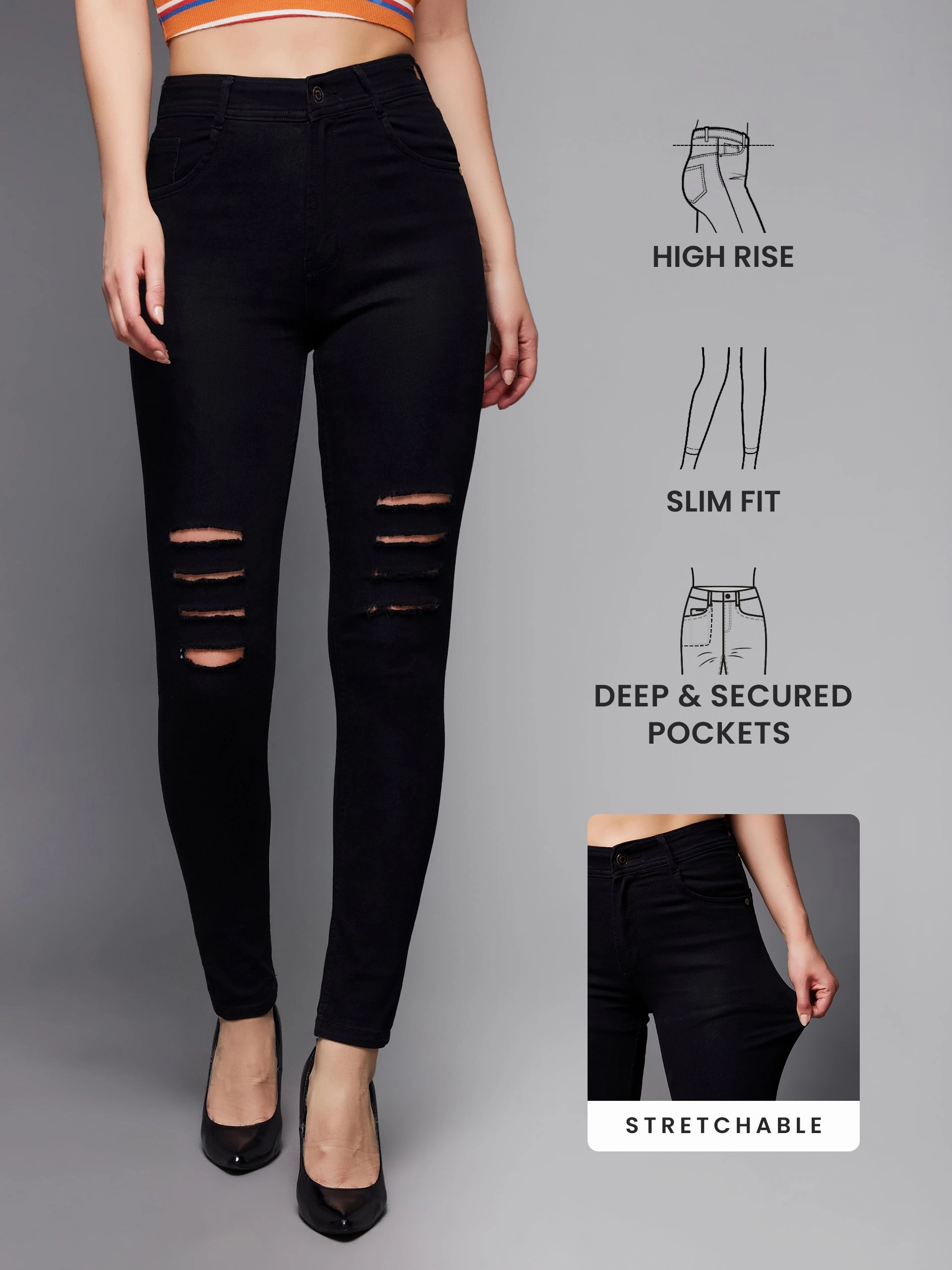 24/7 Comfort Black Slim-Fit High-Rise Distressed Ripped Stretchable Denim Jeans Classic Wear Party Look