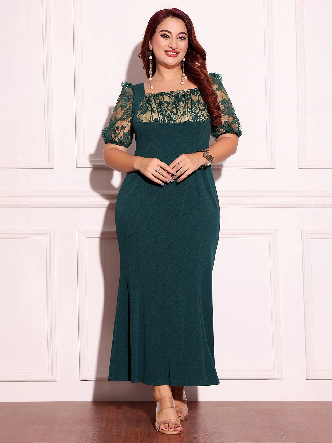 Slit Detail Women's Dark Green Square Puff-Sleeves Solid Lace-Overlaid Ankle Length Dress