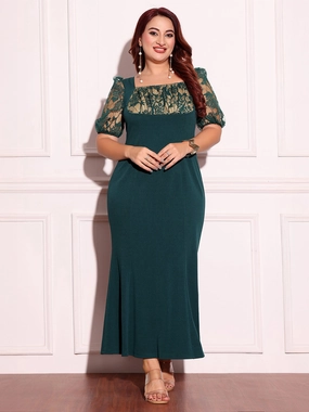 Slit Detail Women's Dark Green Square Puff-Sleeves Solid Lace-Overlaid Ankle Length Dress