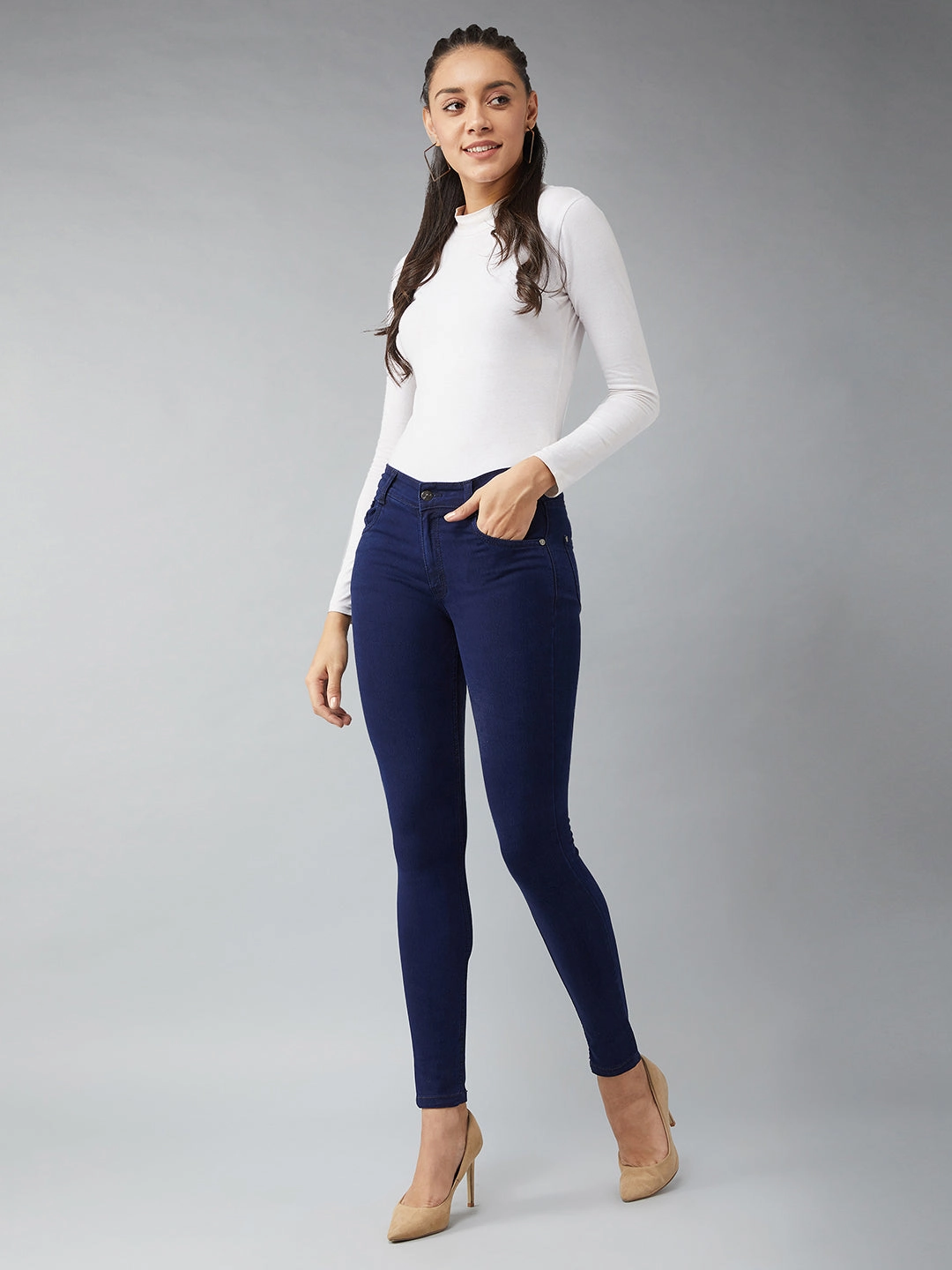 Sleek Option Trend Setter Sunny Vibes 24/7 Comfort Navy-Blue Skinny-Fit Mid-Rise Stretchable Denim Jeans