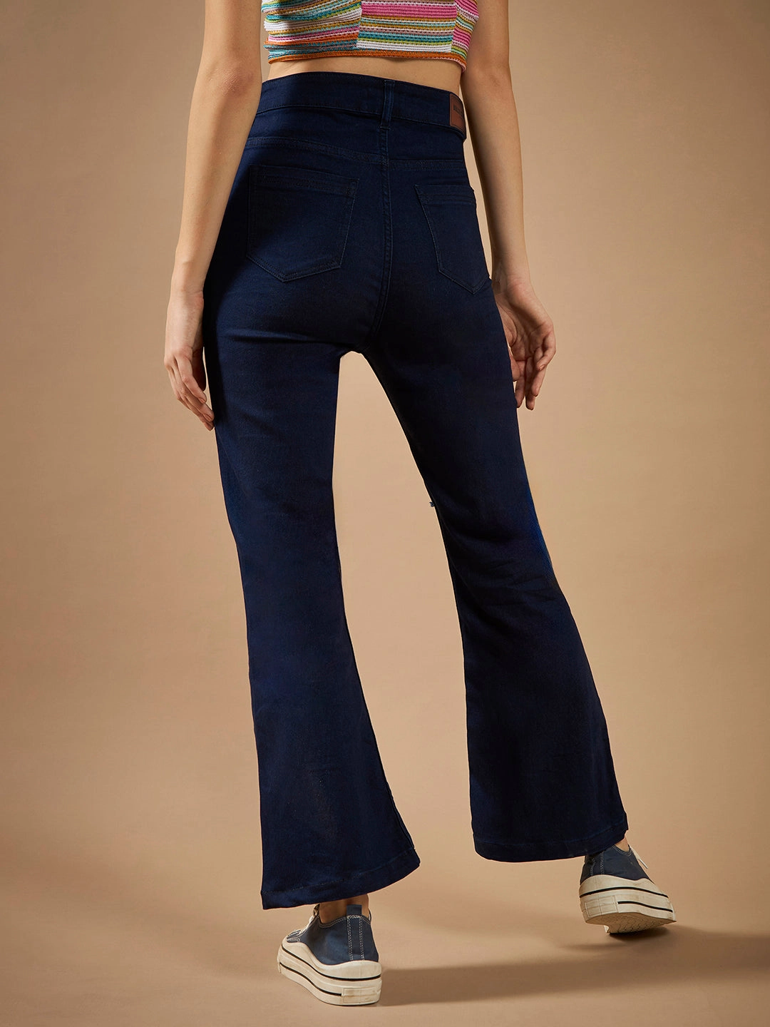 Multi Pocket Utility Women's Navy Blue Bootcut High-Rise Clean-Look Regular Stretchable Denim Jeans