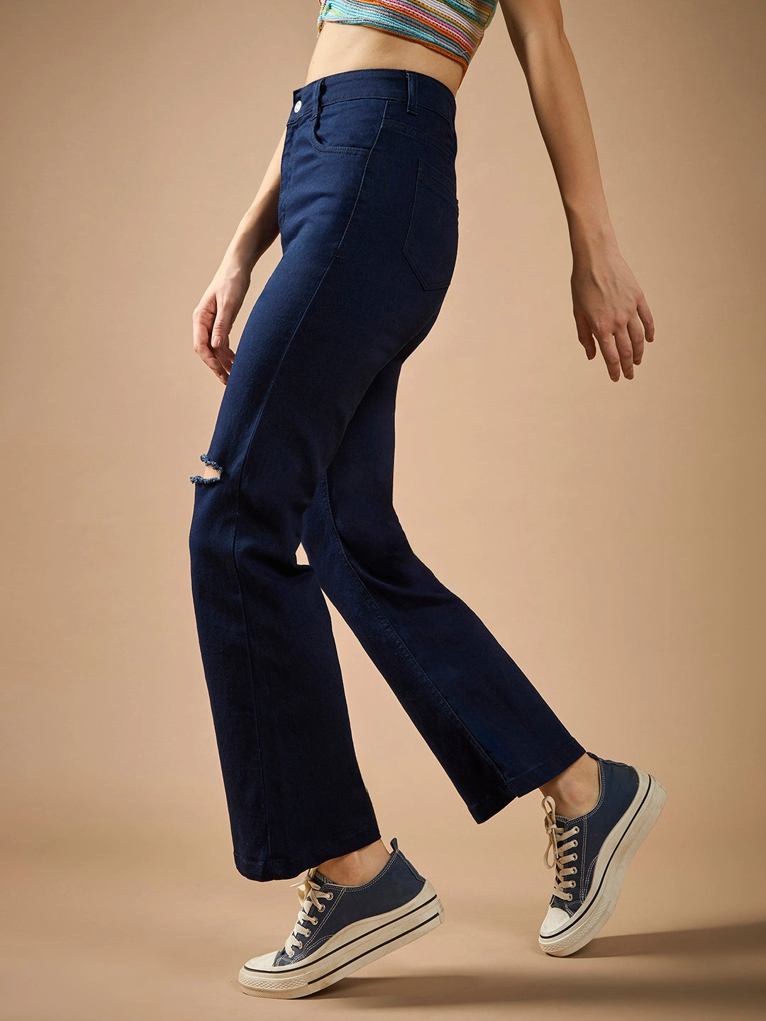 Women's Navy Blue Bootcut High-Rise Clean-Look Regular Stretchable Denim Jeans Summer Vibes