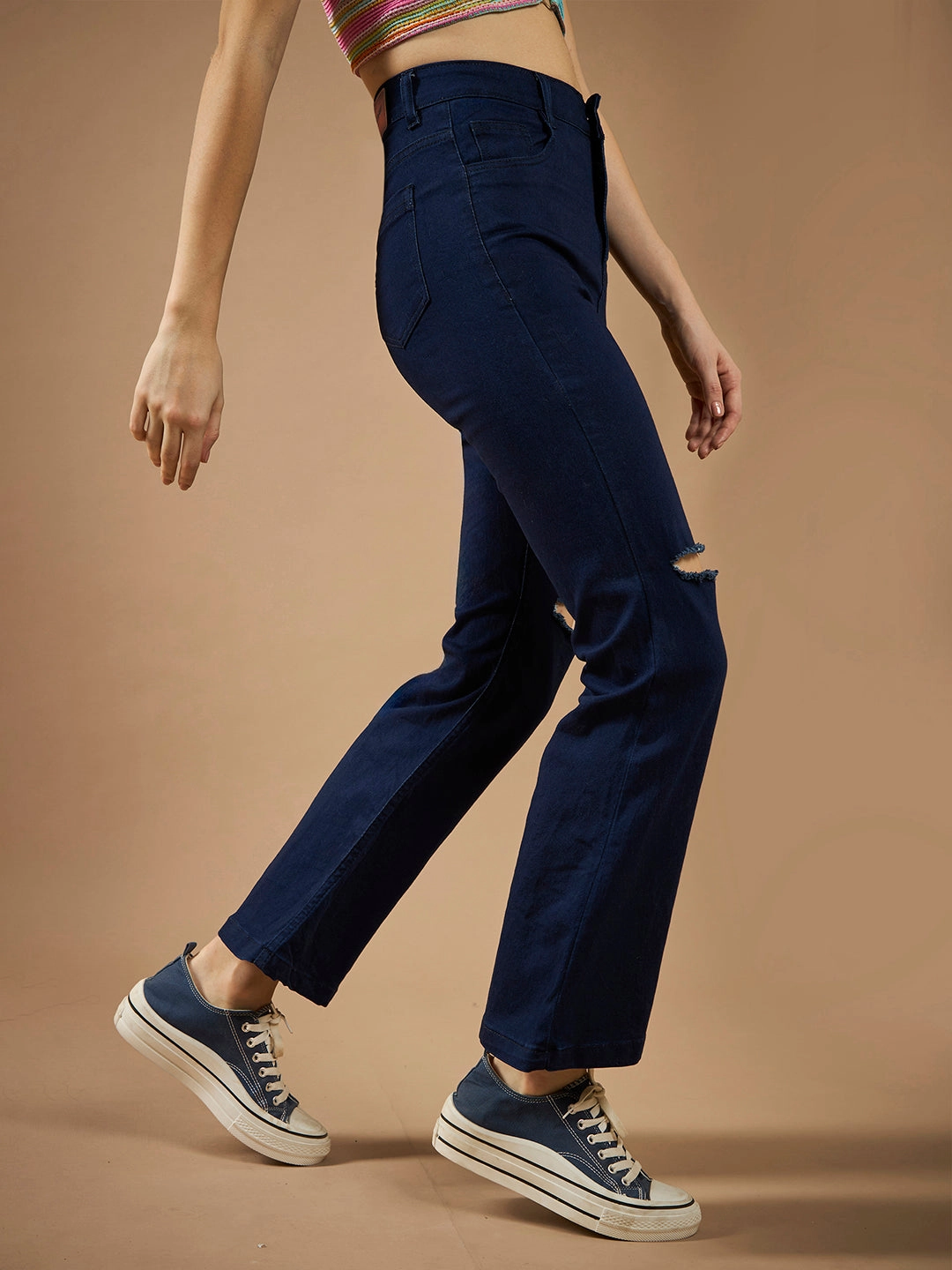 Compact Weave Technology Relaxed Look Women's Navy Blue Bootcut High-Rise Clean-Look Regular Stretchable Denim Jeans