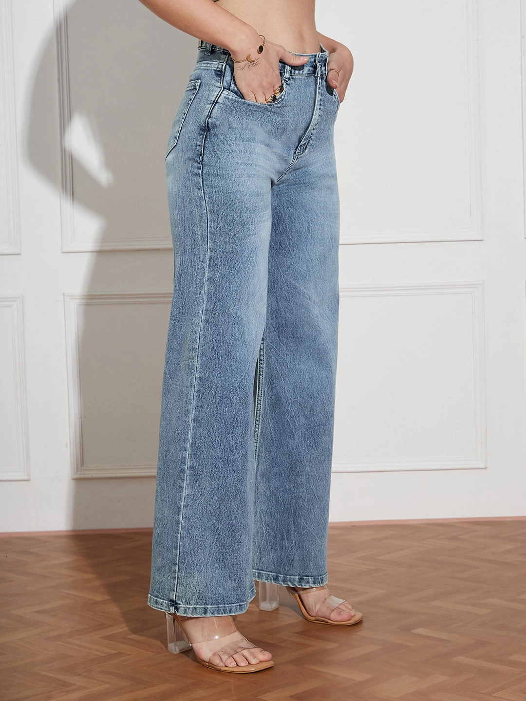 CHASEshape? Women's Light Blue High Rise Clean Look Regular-Length Stretchable Denim Wide Leg Shaping Jeans Modern Cut