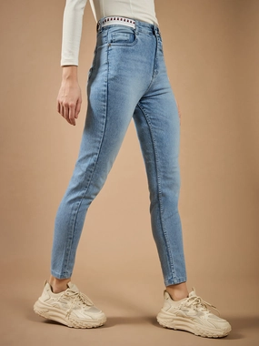 Chic Appearance Women's Light Blue Slim Fit High-Rise Regular-Length Light Wash Twill Tape Detailing Denim Stretchable Jeans