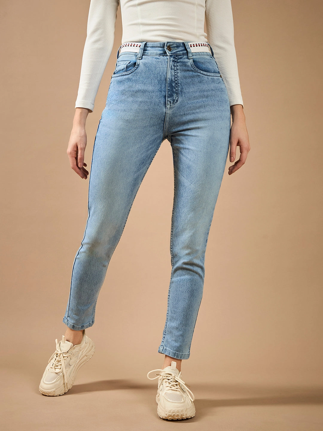 Women's Light Blue Slim Fit High-Rise Regular-Length Light Wash Twill Tape Detailing Denim Stretchable Jeans Subtle Detail