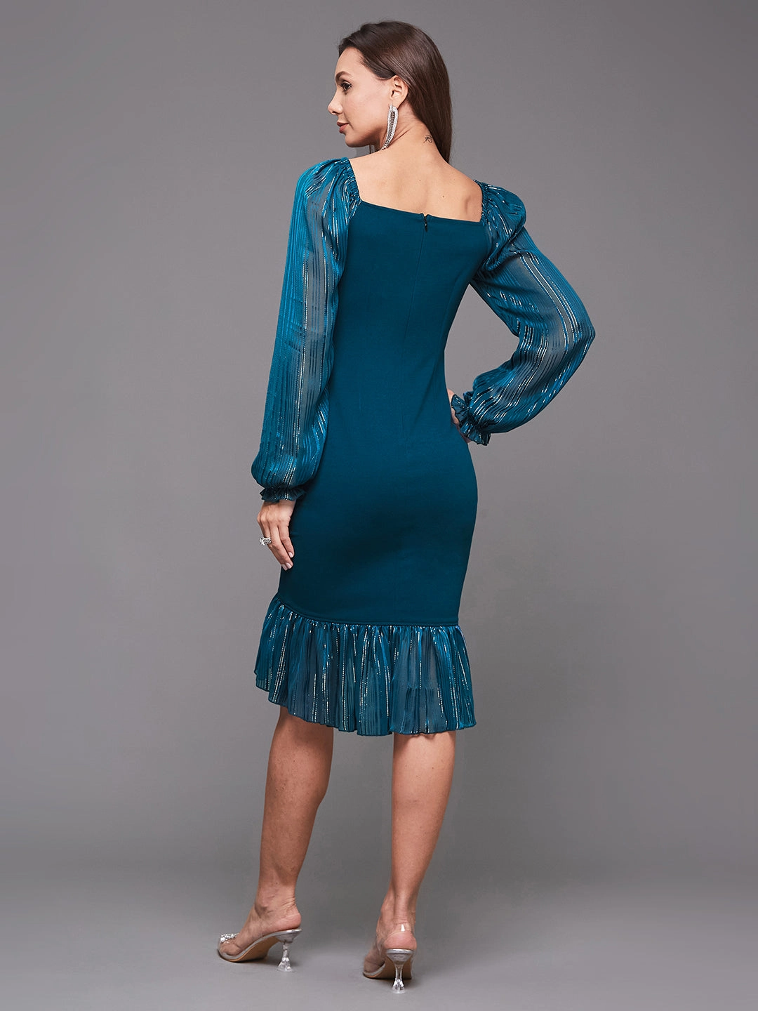 Women's Cocktail Teal Square Neck Short Sleeve Solid Ruching Midi Dress Sheer Layer Form Fit