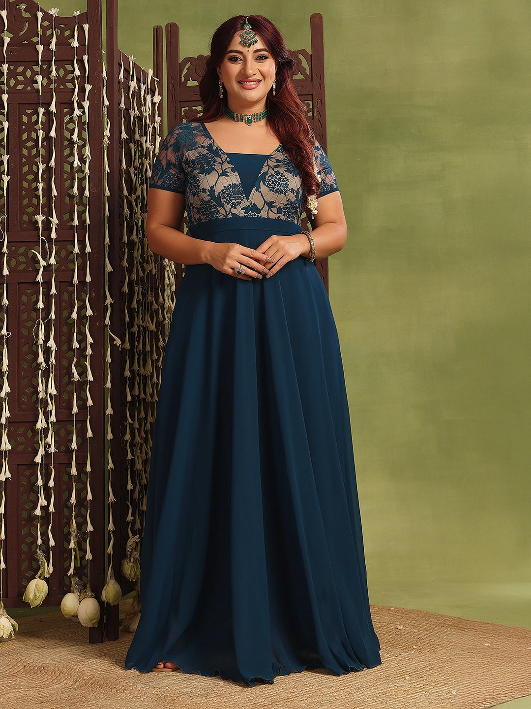 Women's Teal Square Neck Raglan Short-Sleeved Self-Design Lace-Overlaid Georgette Maxi Dress Fold-Over-Detail