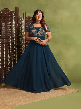 Women's Teal Square Neck Raglan Short-Sleeved Self-Design Lace-Overlaid Georgette Maxi Dress Daily Go