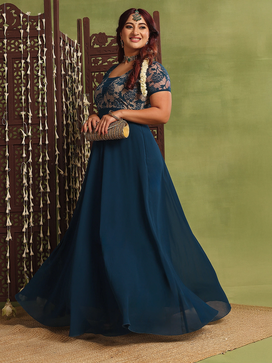 Easy Going Women's Teal Square Neck Raglan Short-Sleeved Self-Design Lace-Overlaid Georgette Maxi Dress