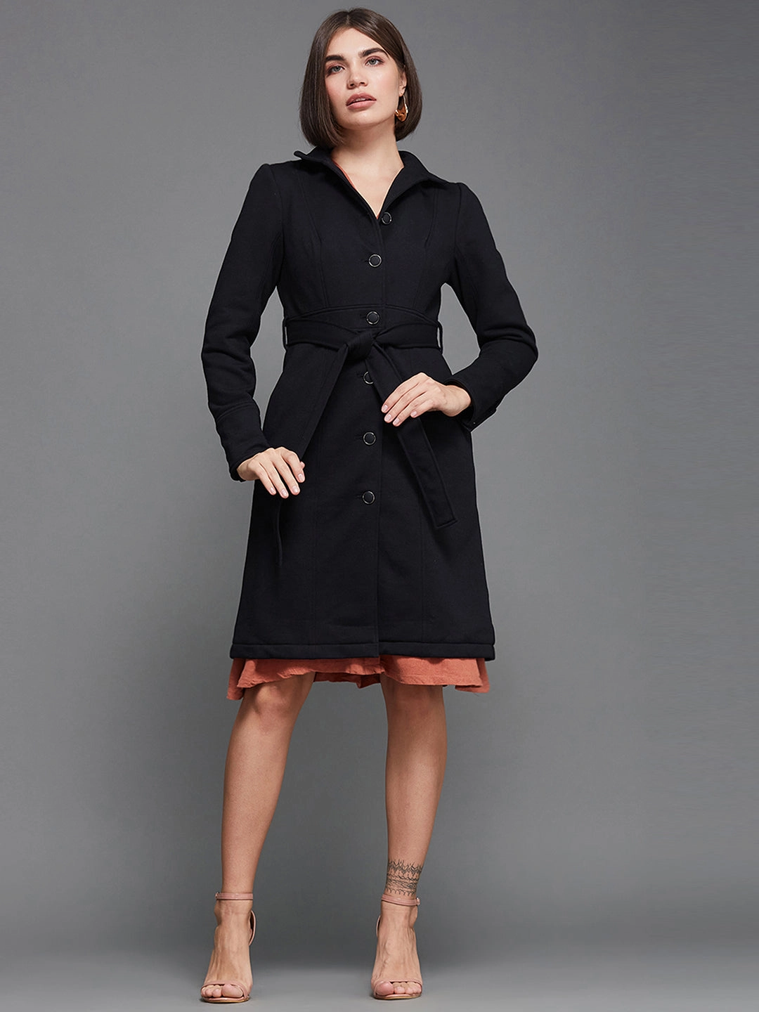 Women's Black Collared Full Sleeve Solid Tie-up Longline Jacket OdorControl Treatment