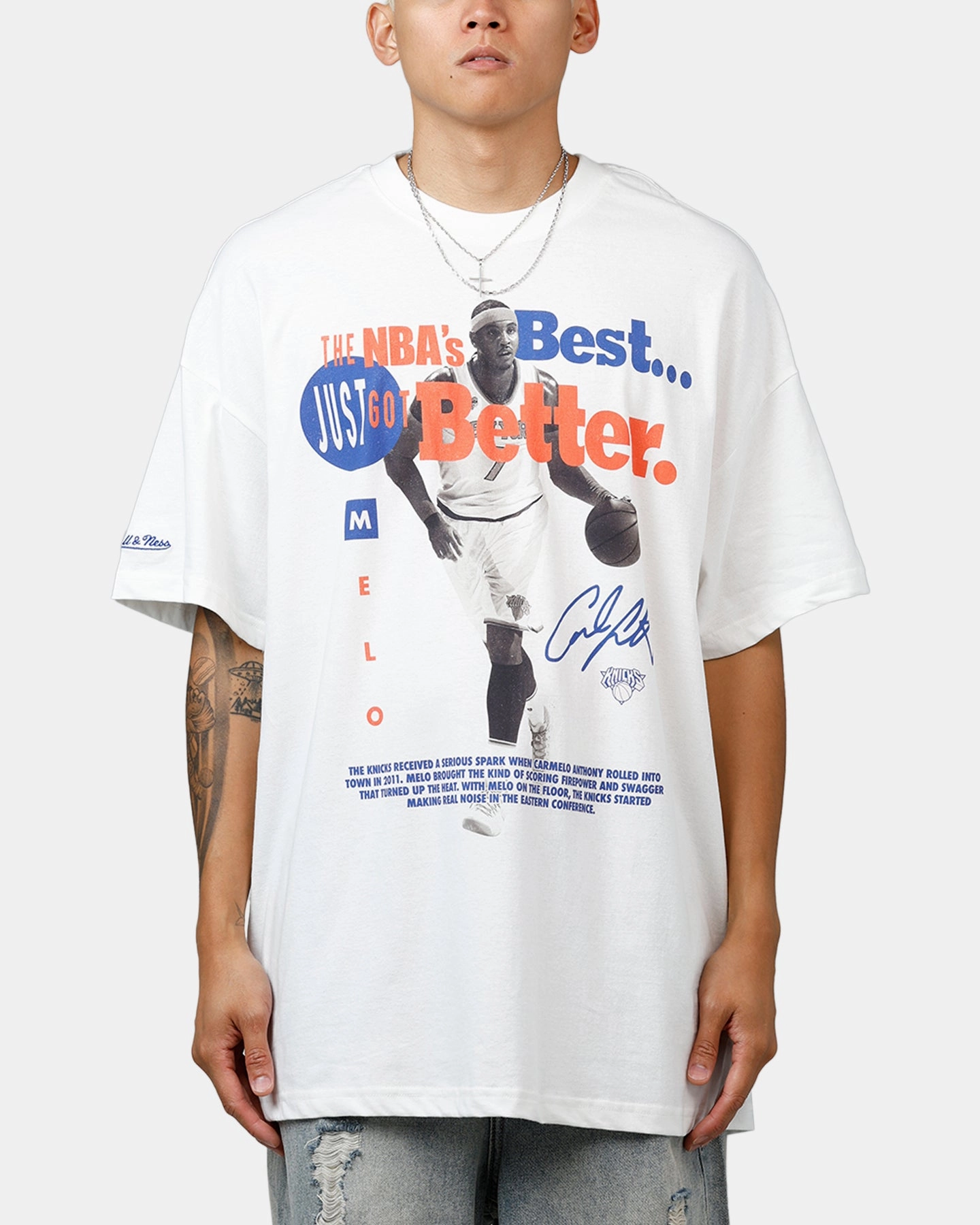 Layered Panel Design Mitchell & Ness New York Knicks Carmelo Anthony Got Better T-Shirt Vintage White