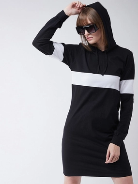Perfectly Tailored Women's Black Round Neck Full Sleeve Solid Knee-Long Hooded Dress