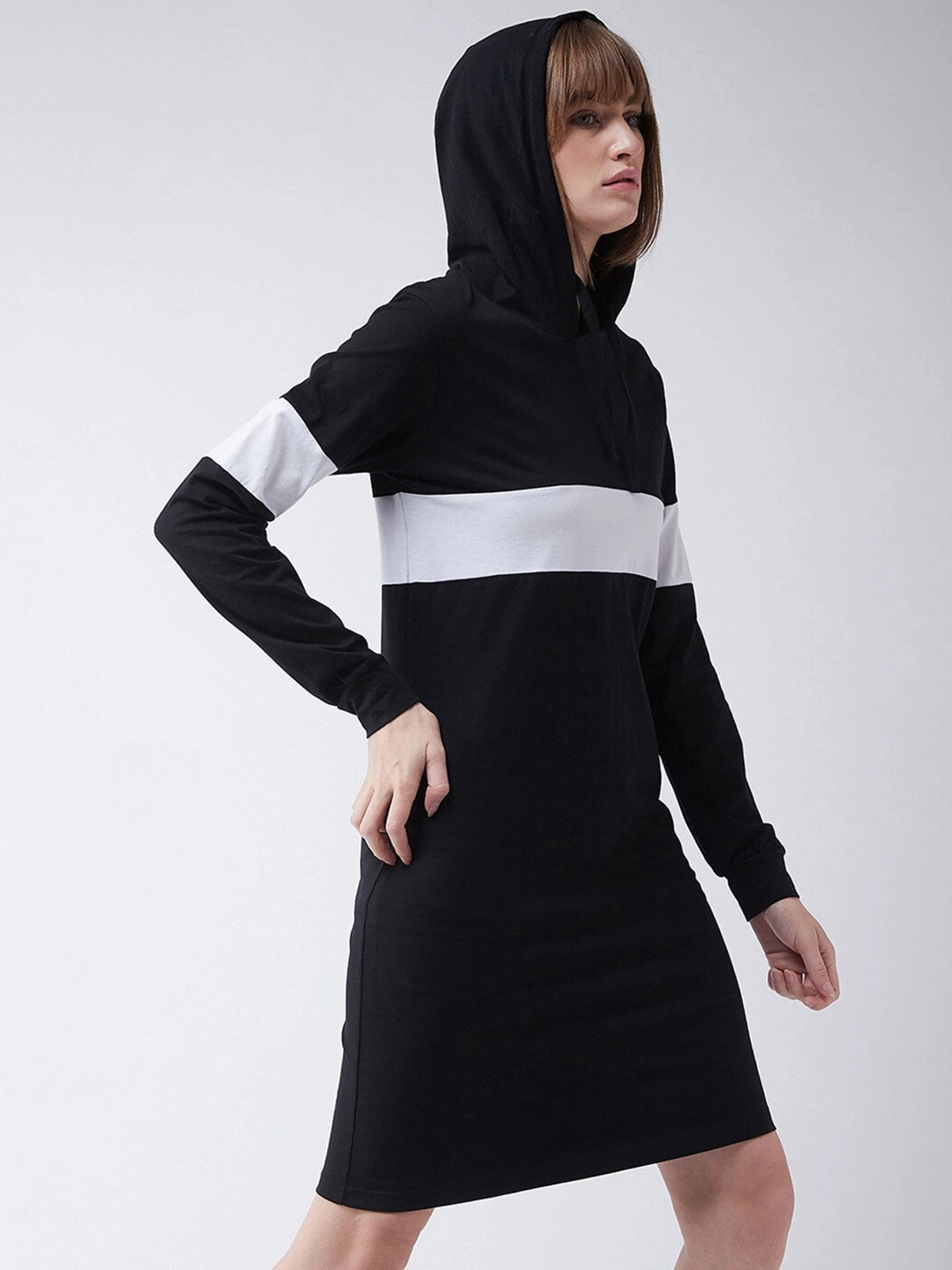 Women's Black Round Neck Full Sleeve Solid Knee-Long Hooded Dress Tailored Comfort Smooth silhouette