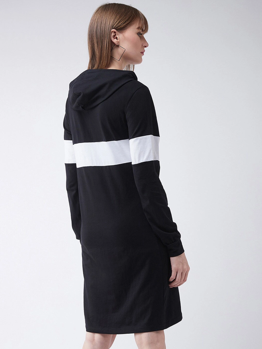 Smooth Feel Women's Black Round Neck Full Sleeve Solid Knee-Long Hooded Dress