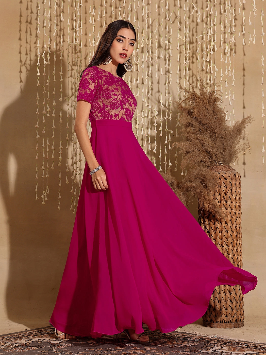 Smooth Layers Women's Dark Pink Round Neck Half Sleeve Self-Designed Fit & Flare Georgette Maxi Dress
