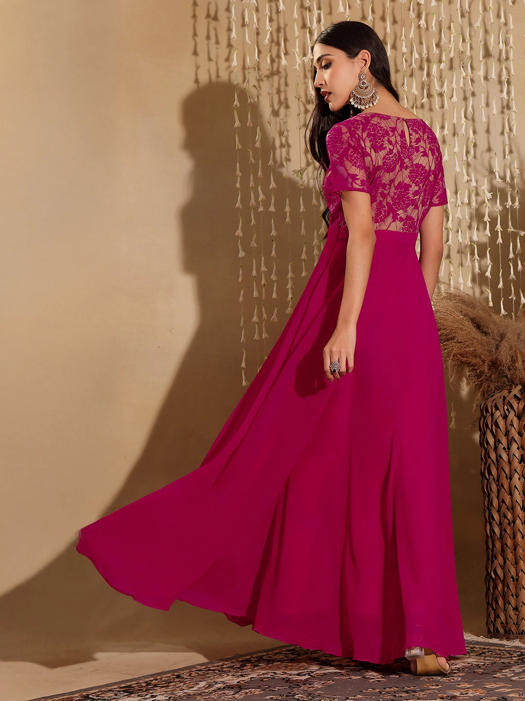 Refined Simplicity Fit for All Seasons Women's Dark Pink Round Neck Half Sleeve Self-Designed Fit & Flare Georgette Maxi Dress