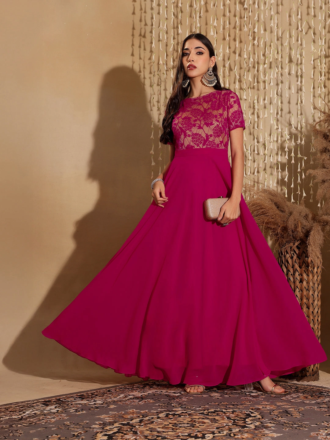 Women's Dark Pink Round Neck Half Sleeve Self-Designed Fit & Flare Georgette Maxi Dress Elegant Piece Sporty Comfort