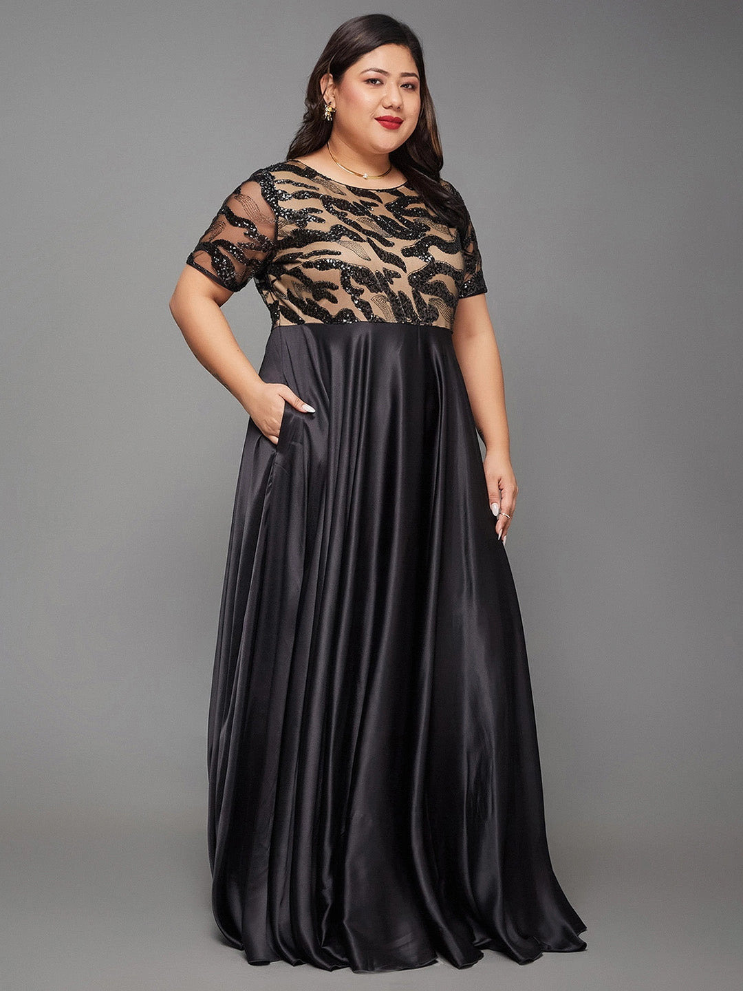 Body Bliss Black Abstract Fit & Flare Satin Maxi Dress Soft Layering