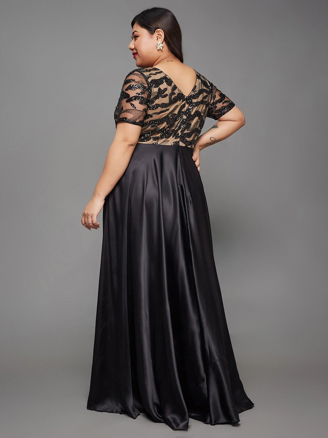 Body Bliss Black Abstract Fit & Flare Satin Maxi Dress Clean Texture