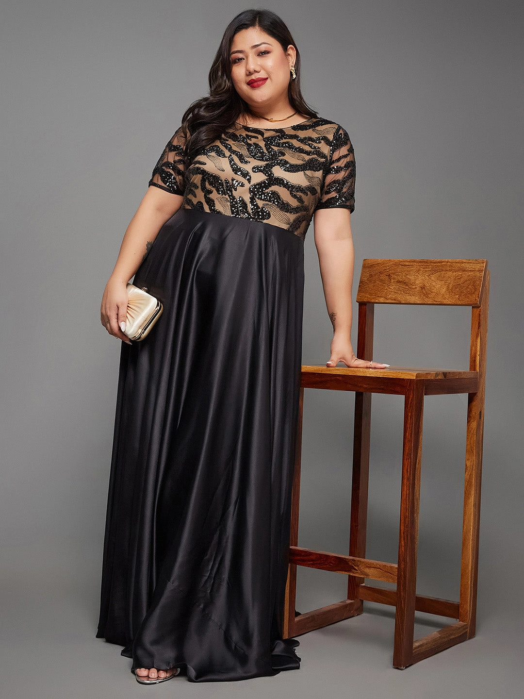 Fashionable Layer Body Bliss Black Abstract Fit & Flare Satin Maxi Dress