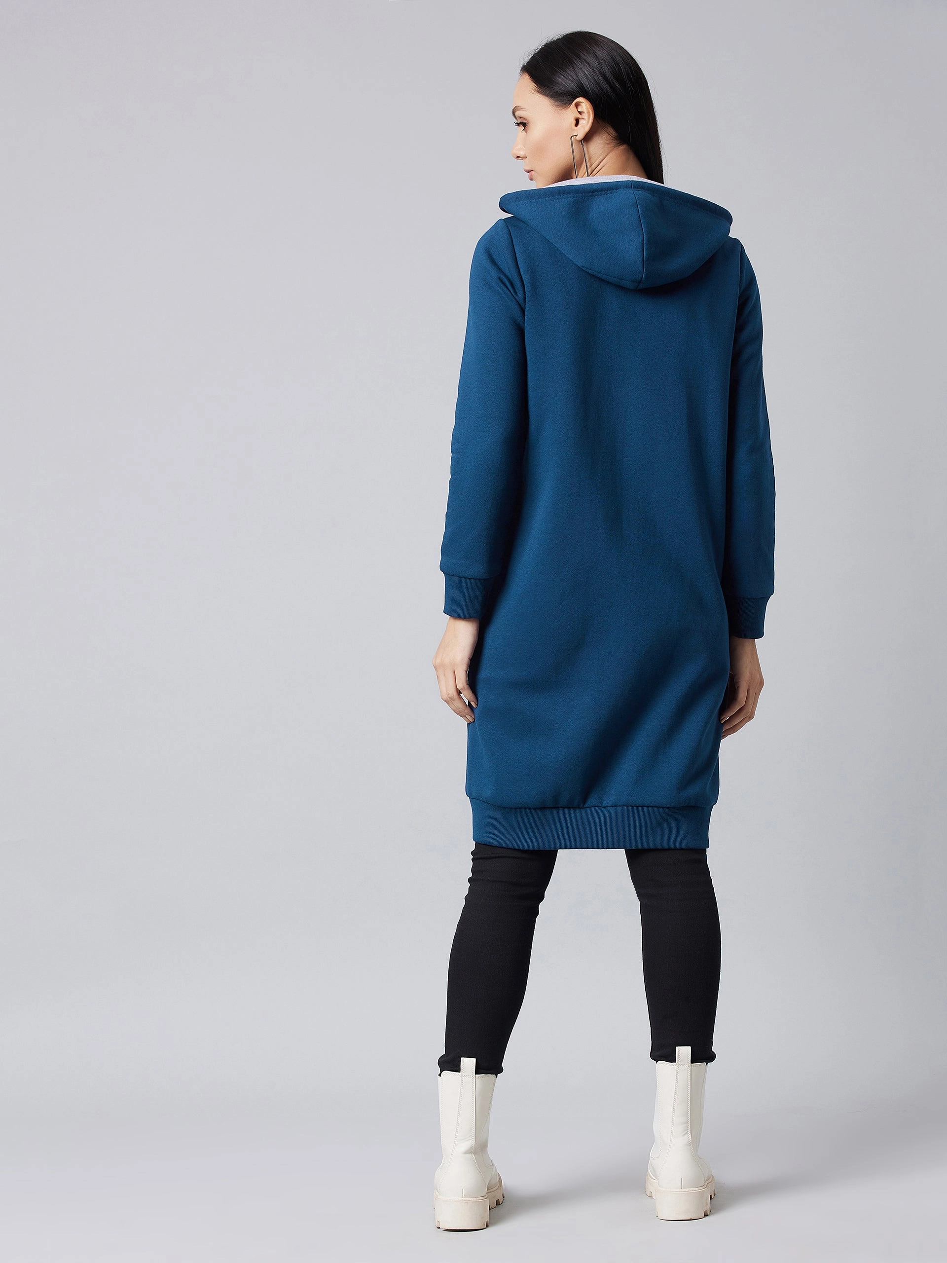 Women's Navy Blue Hooded Full Sleeve Solid Hooded Knee Length Dress Breath Soft