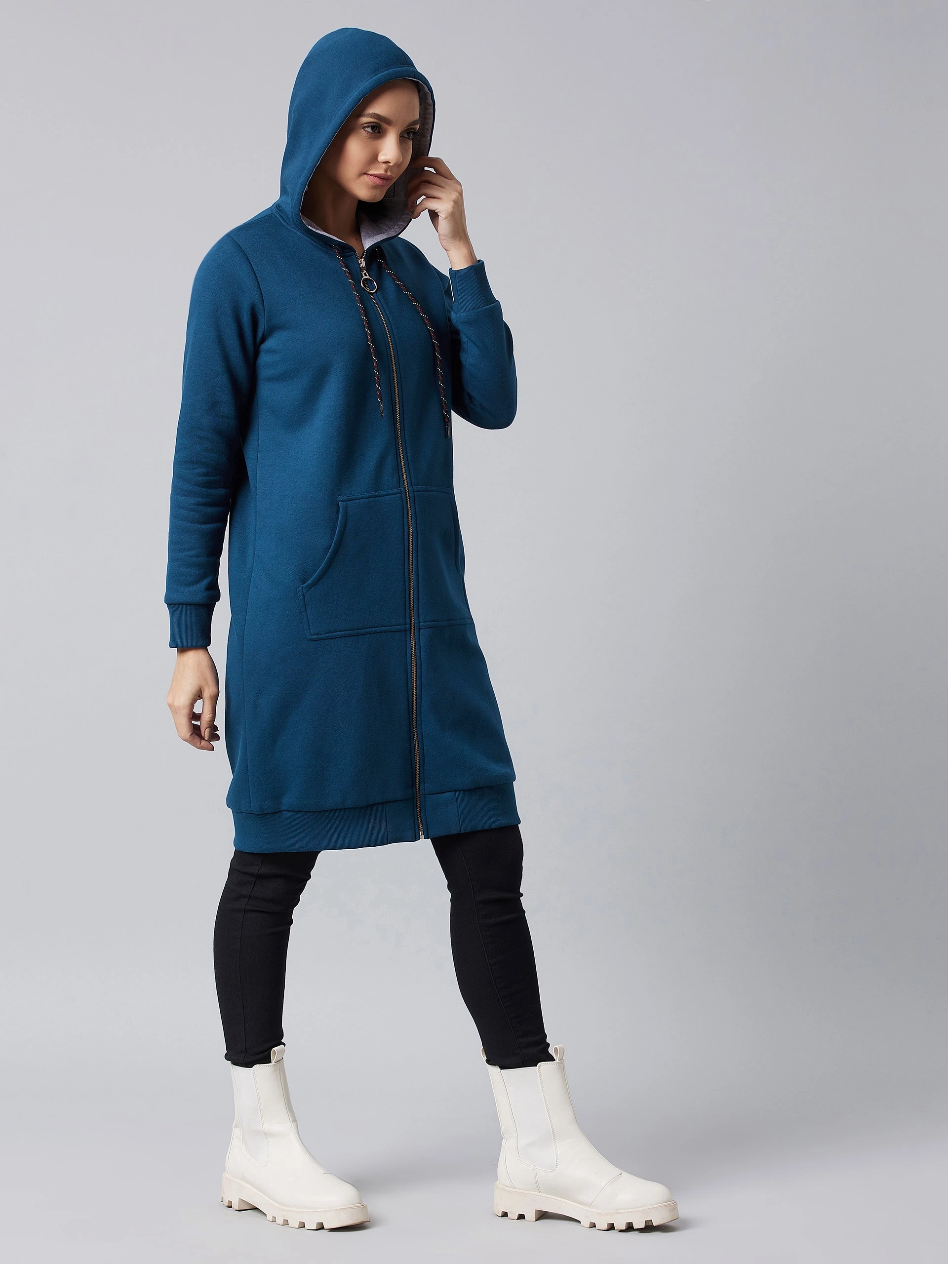 Soft Comfort Women's Navy Blue Hooded Full Sleeve Solid Hooded Knee Length Dress