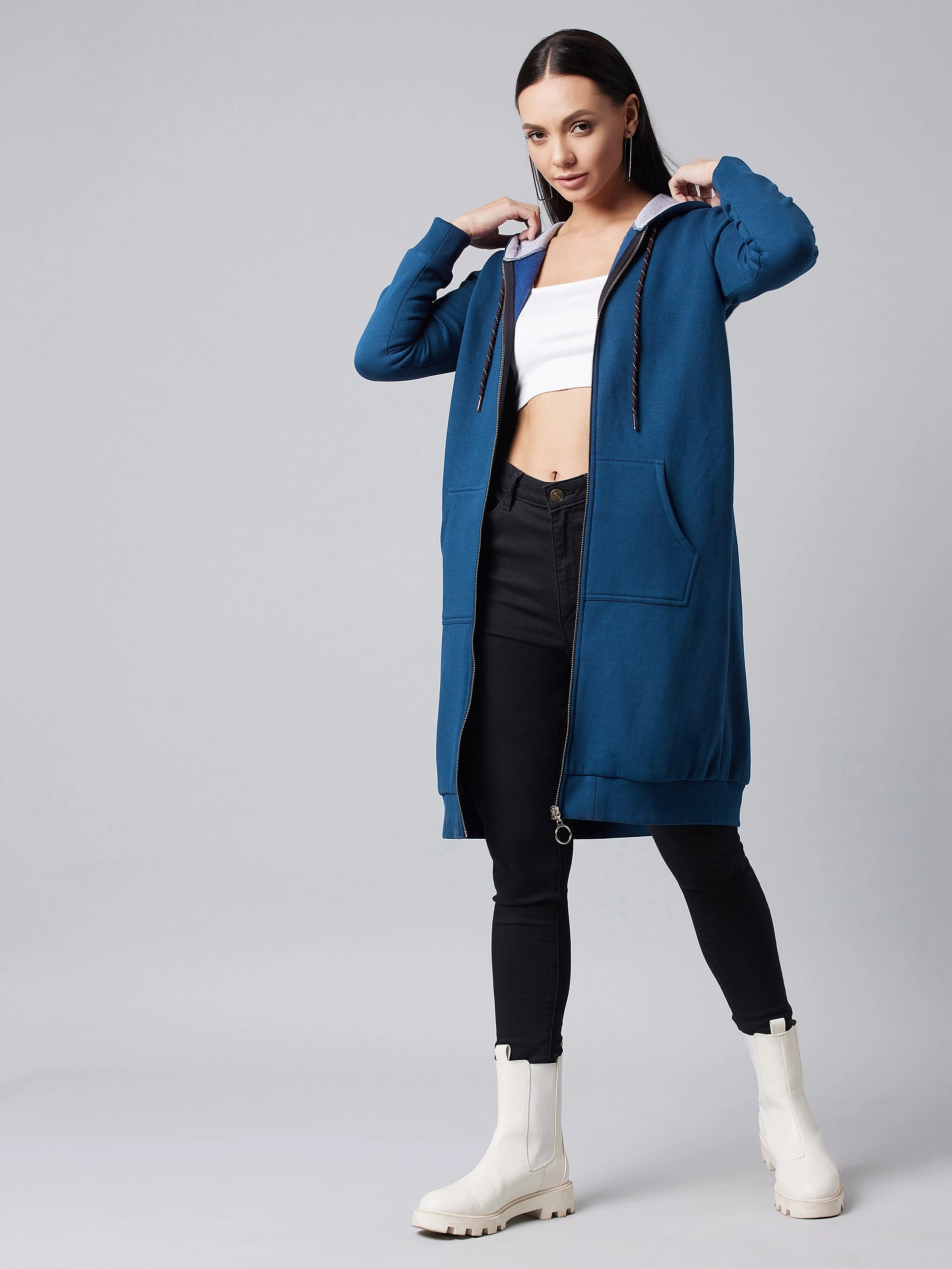 Women's Navy Blue Hooded Full Sleeve Solid Hooded Knee Length Dress Subtle Mood